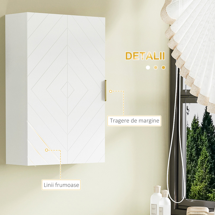 g Dulap suspendat pentru baie cu usa decorativa, maner auriu si rafturi reglabile, 40x15x60 cm, alb [6]