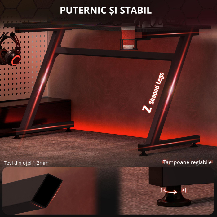  Gaming Desk, Masa Gaming cu Management Cabluri, Suport Pahare si Carlig pentru Casti, Negru, 120×65×74,5 cm [4]