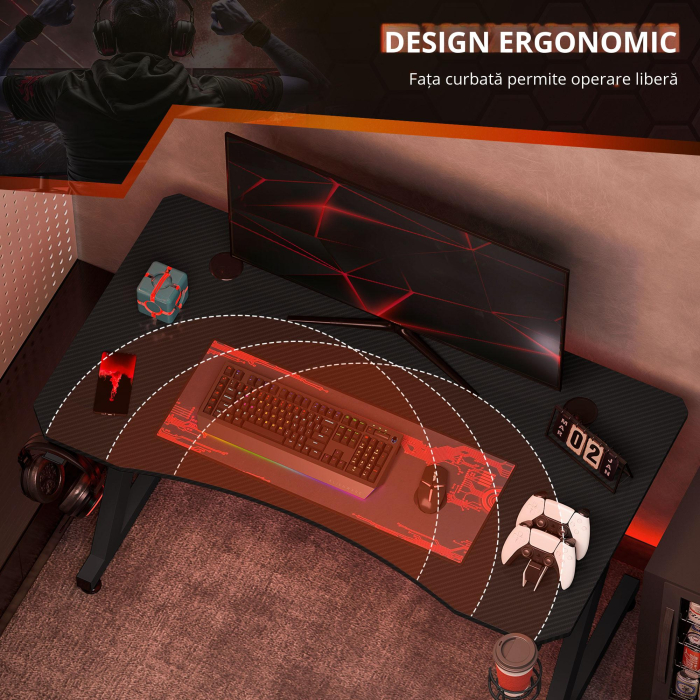  Gaming Desk, Masa Gaming cu Management Cabluri, Suport Pahare si Carlig pentru Casti, Negru, 120×65×74,5 cm [5]