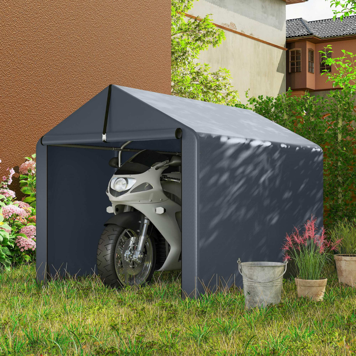  Garaj Motociclete pentru Exterior 1,6x2,2m, Tenta Garaj cu Acoperire Impermeabila, Usa cu Fermoar, pentru Biciclete si Unelte din Otel Zincat, Gri [8]