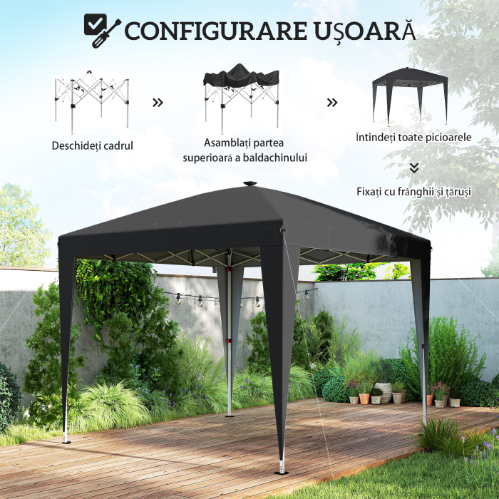  Gazebo 3x3 m Pliabil Pop Up cu inaltime Reglabila, UV50+, Gazebo de Gradina cu Lumina Centrala si USB, Telecomanda, Geanta de Transport, pentru Exterior, Camping, Petreceri, Negru [6]