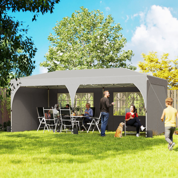  Gazebo 3x6 m Pliabil Pop Up cu inaltime Reglabila, Gazebo Exterior cu Benzi Reflectorizante, Pereti Laterali, Saci de Nisip, Geanta de Transport, UV50+, pentru Camping, Petreceri, Gri Deschis [2]