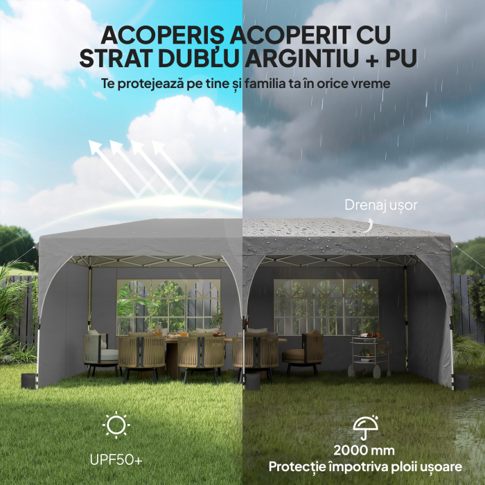  Gazebo 3x6 m Pliabil Pop Up cu inaltime Reglabila, Gazebo Exterior cu Benzi Reflectorizante, Pereti Laterali, Saci de Nisip, Geanta de Transport, UV50+, pentru Camping, Petreceri, Gri Deschis [4]