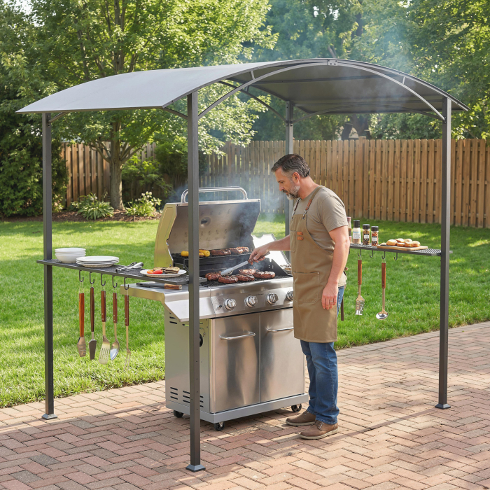  Gazebo pentru Gratar 2.5x1.5 m, Pergola pentru Gratar cu 2 Rafturi Laterale si Carlige, Cadru din Otel si Acoperis din Poliester pentru Gradina, Gri inchis [9]