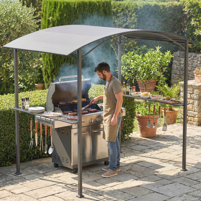  Gazebo pentru Gratar 2.5x1.5 m, Pergola pentru Gratar cu 2 Rafturi Laterale si Carlige, Cadru din Otel si Acoperis din Poliester pentru Gradina, Gri inchis [2]
