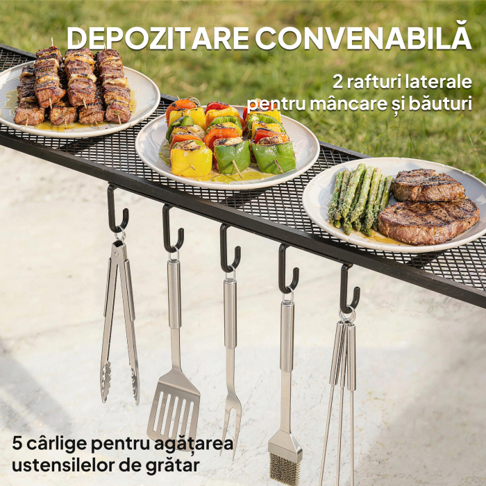  Gazebo pentru Gratar 2.5x1.5 m, Pergola pentru Gratar cu 2 Rafturi Laterale si Carlige, Cadru din Otel si Acoperis din Poliester pentru Gradina, Gri inchis [4]