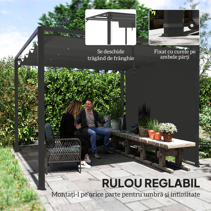  Gazebo Pergola cu Copertina Rulabila de Protectie si Orificii de Drenaj, 300x300x227 cm, Gri inchis [5]