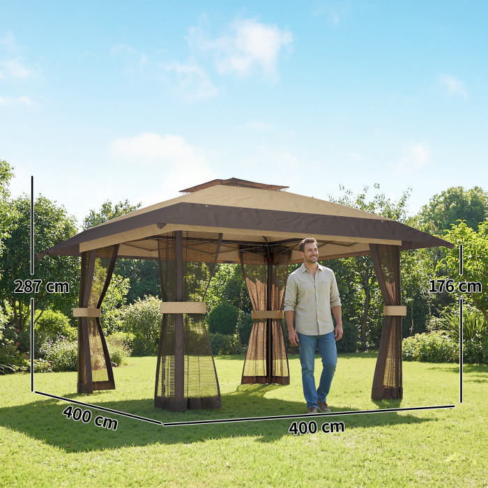  Gazebo pliabil 4x4 m cu 4 plase laterale anti-tantari, acoperis dublu si saci cu nisip, culoare kaki si maro [3]