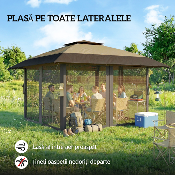  Gazebo pliabil 4x4 m cu 4 plase laterale anti-tantari, acoperis dublu si saci cu nisip, culoare kaki si maro [5]