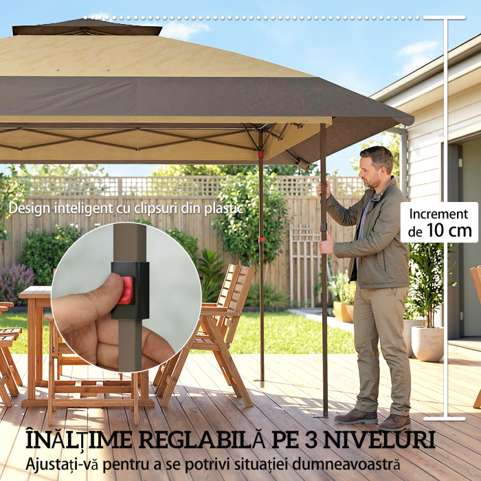  Gazebo pliabil 4x4 m cu 4 plase laterale anti-tantari, acoperis dublu si saci cu nisip, culoare kaki si maro [7]