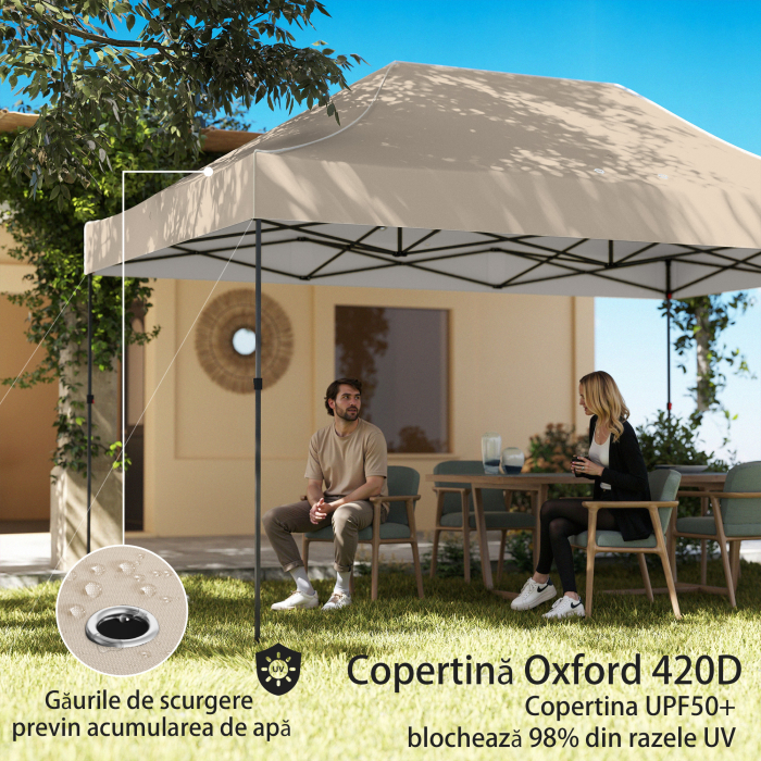  Gazebo Pop Up pliabil cu pereti laterali si ferestre, 2.9x4.3 m, din metal si tesatura Oxford, maro nisipiu [5]