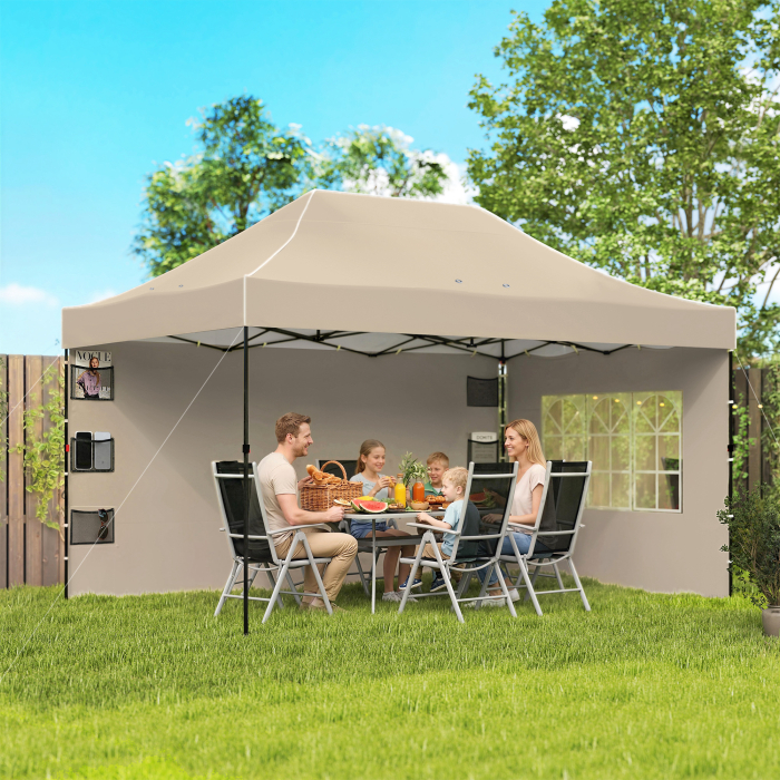  Gazebo Pop Up pliabil cu pereti laterali si ferestre, 2.9x4.3 m, din metal si tesatura Oxford, maro nisipiu [2]