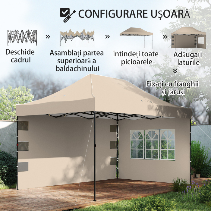  Gazebo Pop Up pliabil cu pereti laterali si ferestre, 2.9x4.3 m, din metal si tesatura Oxford, maro nisipiu [7]