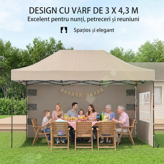  Gazebo Pop Up pliabil cu pereti laterali si ferestre, 2.9x4.3 m, din metal si tesatura Oxford, maro nisipiu [4]