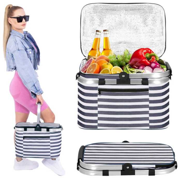 Geanta picnic plaja termoizolanta 28 litri buzunare, design modern, rezistenta, alb albastru [20]