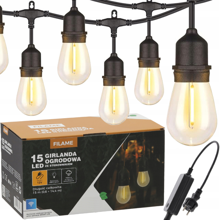 Ghirlanda luminoasa decorativa pentru exterior, alimentare la priza, 15 metri, 15 becuri LED cu iluminare calda 3000K, IP44, controler prin aplicatie [5]