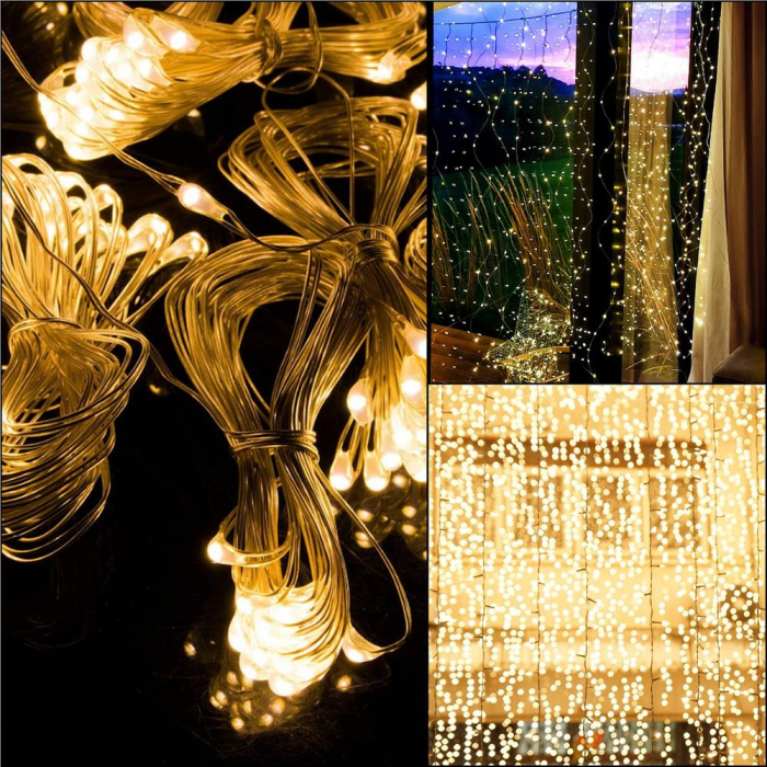 Ghirlanda luminoasa tip perdea 300 LED-uri, 3x3m, pentru interior, cu telecomanda, alb cald (galben) [21]