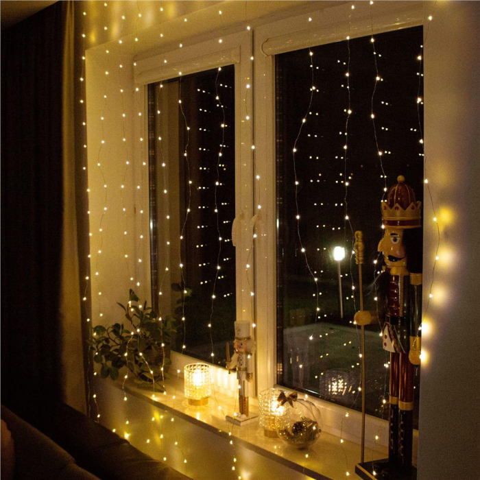 Ghirlanda luminoasa tip perdea 300 LED-uri, 3x3m, pentru interior, cu telecomanda, alb cald (galben) [2]