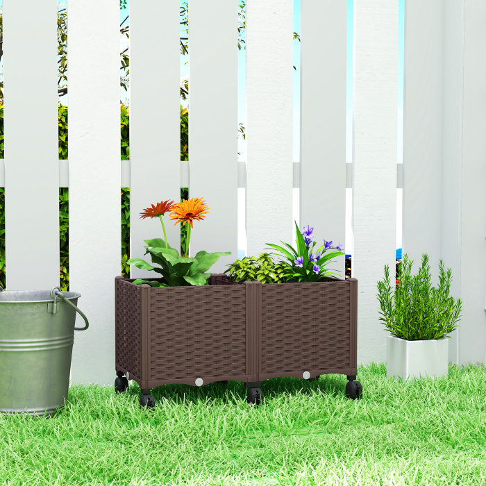  Ghiveci inaltat din Plastic 85L, Ghiveci de Gradina Mobil cu Roti Blocate, Sistem de Autoirigare si Drenaj, Ideal pentru Plante Aromatice, Legume si Flori, Maro [9]