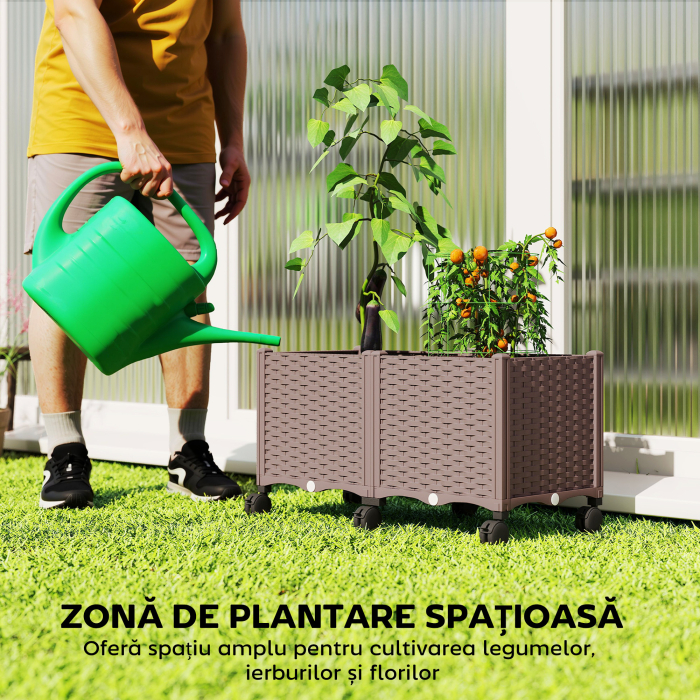  Ghiveci inaltat din Plastic 85L, Ghiveci de Gradina Mobil cu Roti Blocate, Sistem de Autoirigare si Drenaj, Ideal pentru Plante Aromatice, Legume si Flori, Maro [4]