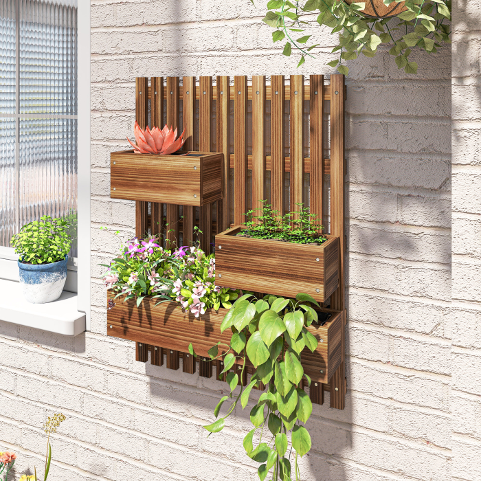  Ghiveci Vertical cu Scanduri si 3 Vase Detasabile, din Lemn de Brad, 60x16x80 cm, Maro Ars [9]
