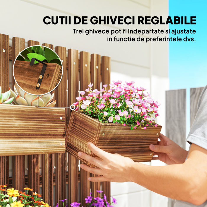  Ghiveci Vertical cu Scanduri si 3 Vase Detasabile, din Lemn de Brad, 60x16x80 cm, Maro Ars [5]
