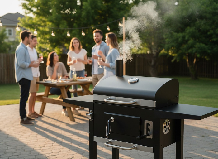 Gratar carbuni cu capac, manevrabil pe roti, termometru integrat, grill fonta, 109x46x107 cm, negru [7]