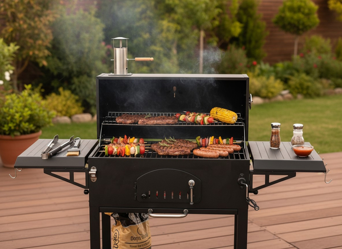 Gratar carbuni cu capac si termometru, grill fonta, rafturi laterale, roti pentru deplasare, 153x65x137 cm, negru [5]
