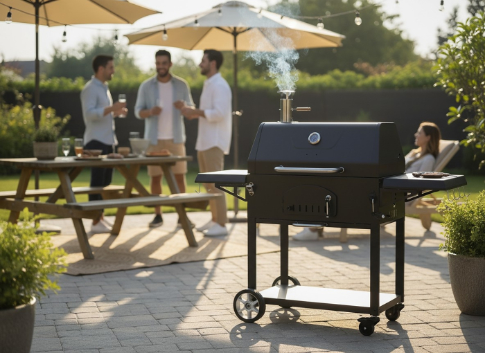 Gratar carbuni cu capac si termometru, grill fonta, rafturi laterale, roti pentru deplasare, 153x65x137 cm, negru [6]