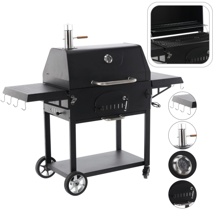 Gratar carbuni cu capac si termometru, grill fonta, rafturi laterale, roti pentru deplasare, 153x65x137 cm, negru [2]