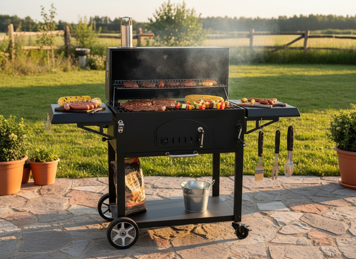 Gratar carbuni cu capac si termometru, grill fonta, rafturi laterale, roti pentru deplasare, 153x65x137 cm, negru [3]