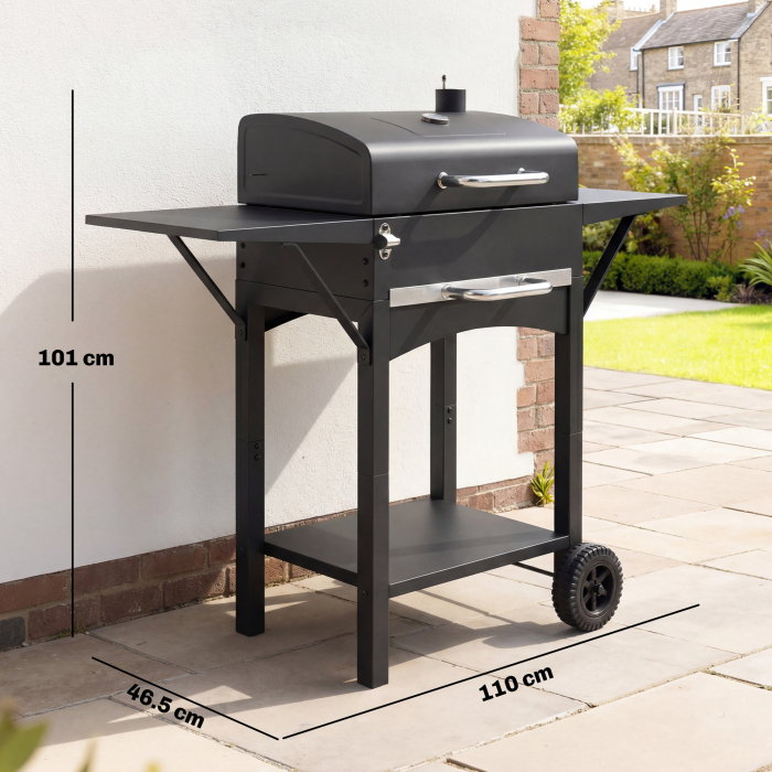  Gratar cu Carbuni, cu 2 Rafturi Laterale, Termometru, Capac si Roti, 110x46.5x101 cm, Negru [3]