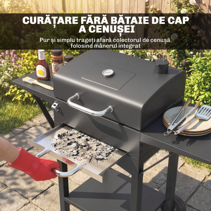  Gratar cu Carbuni, cu 2 Rafturi Laterale, Termometru, Capac si Roti, 110x46.5x101 cm, Negru [8]