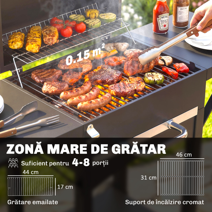  Gratar cu Carbuni, cu 2 Rafturi Laterale, Termometru, Capac si Roti, 110x46.5x101 cm, Negru [4]