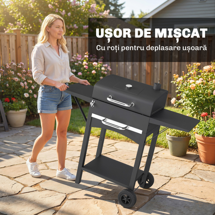  Gratar cu Carbuni, cu 2 Rafturi Laterale, Termometru, Capac si Roti, 110x46.5x101 cm, Negru [7]