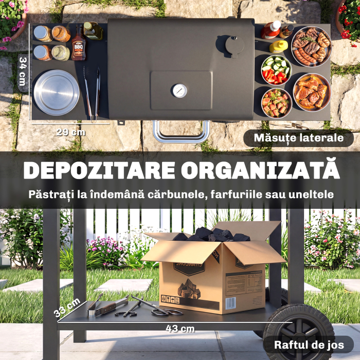  Gratar cu Carbuni, cu 2 Rafturi Laterale, Termometru, Capac si Roti, 110x46.5x101 cm, Negru [6]