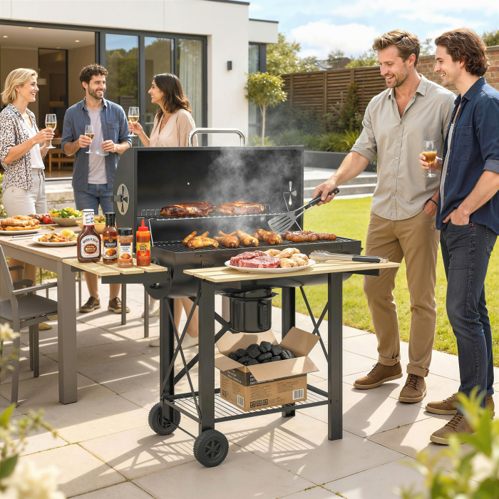  Gratar cu Carbuni, Grila Mobila cu Rafturi Pliabile si Termometru [2]