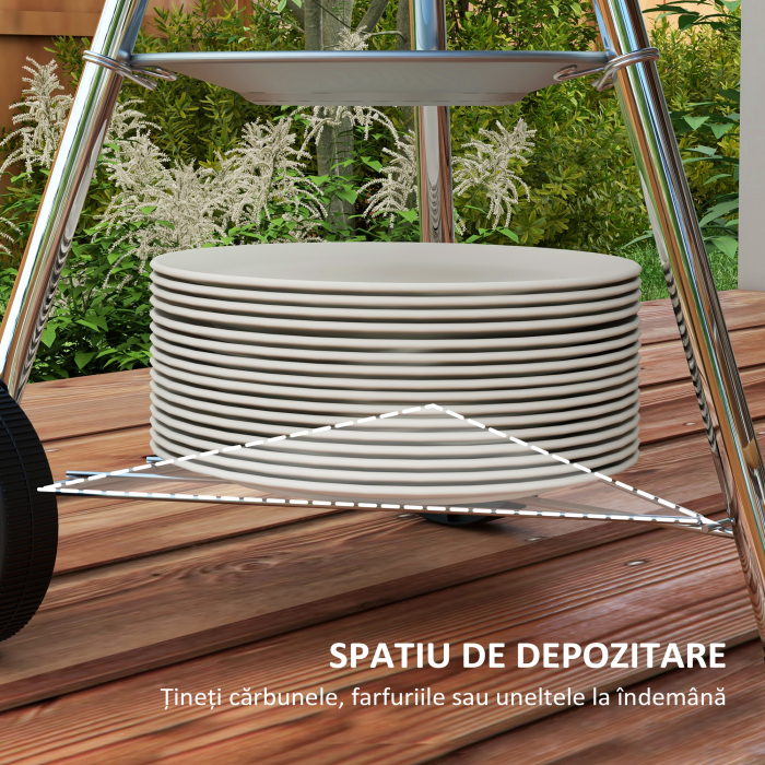  Gratar cu Carbuni, Grilaj Metalic, Capac, Orificii de Aerisire, Roti, Raft si Maner, 48x56x94 cm, Negru [8]