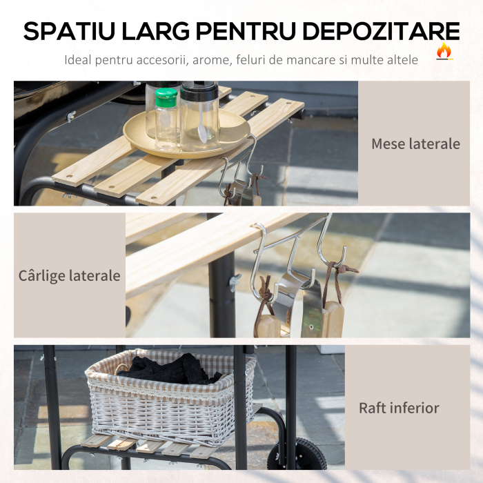  Gratar cu Carbuni, Rafturi, Roti, Capac si Priza de Aer, 113x62x97 cm, Negru [5]