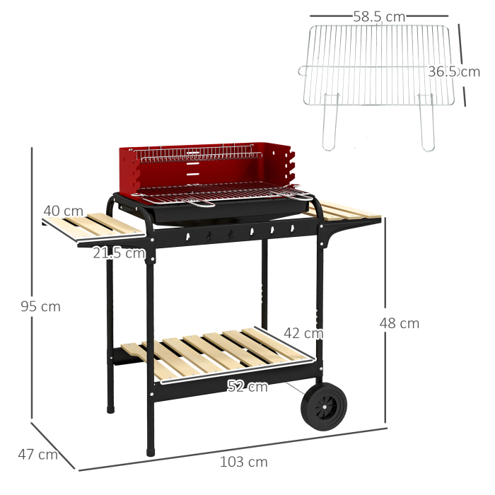  Gratar cu Carbuni, Roti si Grilaj cu inaltime Reglabila, 3 Rafturi si Tava pentru Cenusa, 103x47x95 cm, Rosu [3]