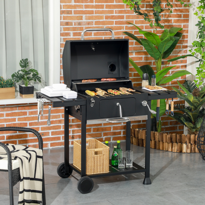  Gratar cu Tava de Carbune Reglabila, Grilaj de Gratar din Otel Galvanizat cu Rafturi de Depozitare, 120x64x114 cm, Negru [2]