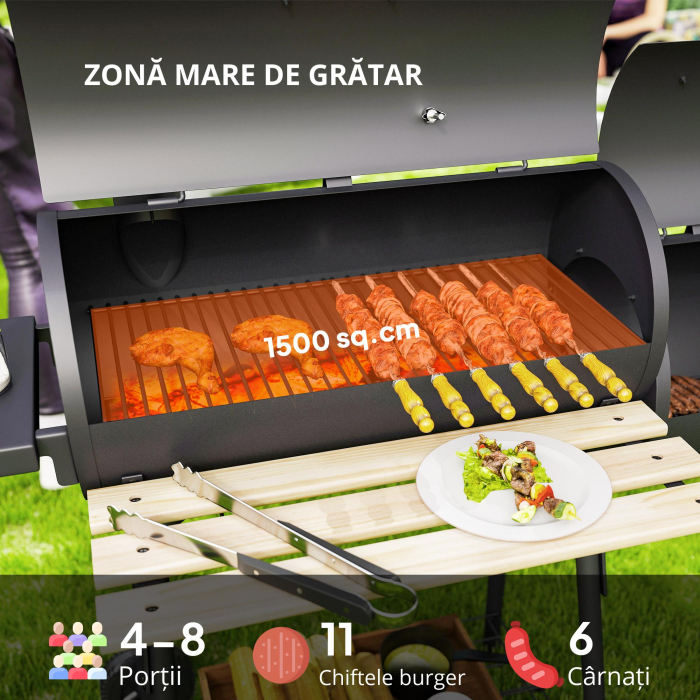  Gratar de gradina cu capac si afumator, gratar pe carbune cu rafturi si roti 124x53x104cm, negru [8]