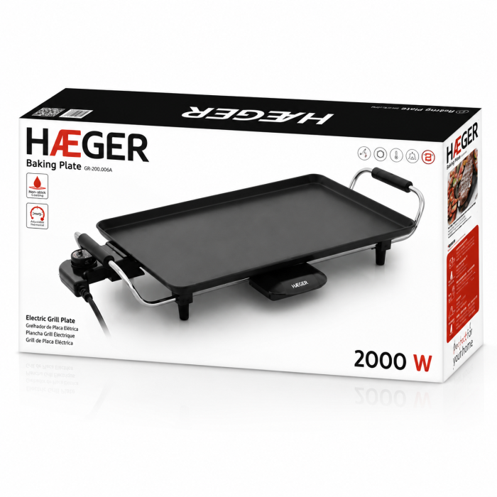 Gratar electric HAEGER BAKING PLATE, Dimensiuni 460x260mm, Putere 2000W, Termostat reglabil 5 niveluri, Placi antiaderente, Negru [3]