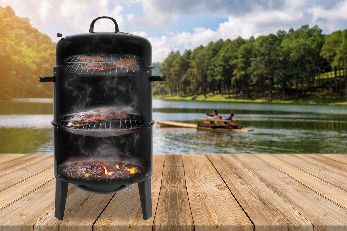 Gratar metalic carbuni inchis 3 nivele cu capac si termometru, cos fum reglabil, recipient apa, 80x44x38 cm [10]