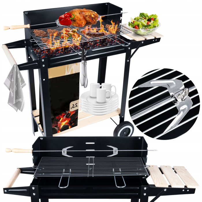 Gratar metalic pe carbuni, tava cromata, cu spita pentru rotisor, 86x81x41cm [9]