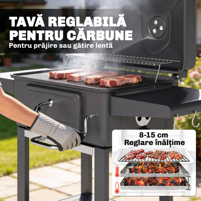 Gratar pe Carbune, Afumator Portabil cu Ventilatie, Termometru si Rafturi Laterale, Negru [5]