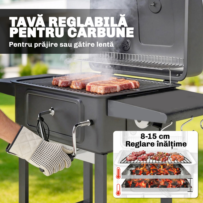  Gratar pe Carbune, Gratar Afumatoare cu Roti pentru Exterior, Negru [5]