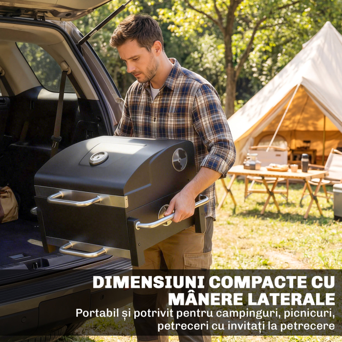  Gratar Pe Carbuni cu Orificii de Ventilatie, Sertar pentru Cenusa, Gratar Portabil cu Termometru, Gratare, Capac, Maner din Otel Inoxidabil, BBQ pe Carbuni pentru Gradina Camping, Negru [4]