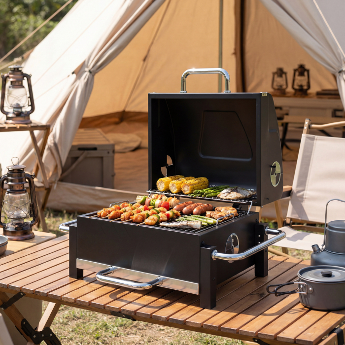  Gratar Pe Carbuni cu Orificii de Ventilatie, Sertar pentru Cenusa, Gratar Portabil cu Termometru, Gratare, Capac, Maner din Otel Inoxidabil, BBQ pe Carbuni pentru Gradina Camping, Negru [9]