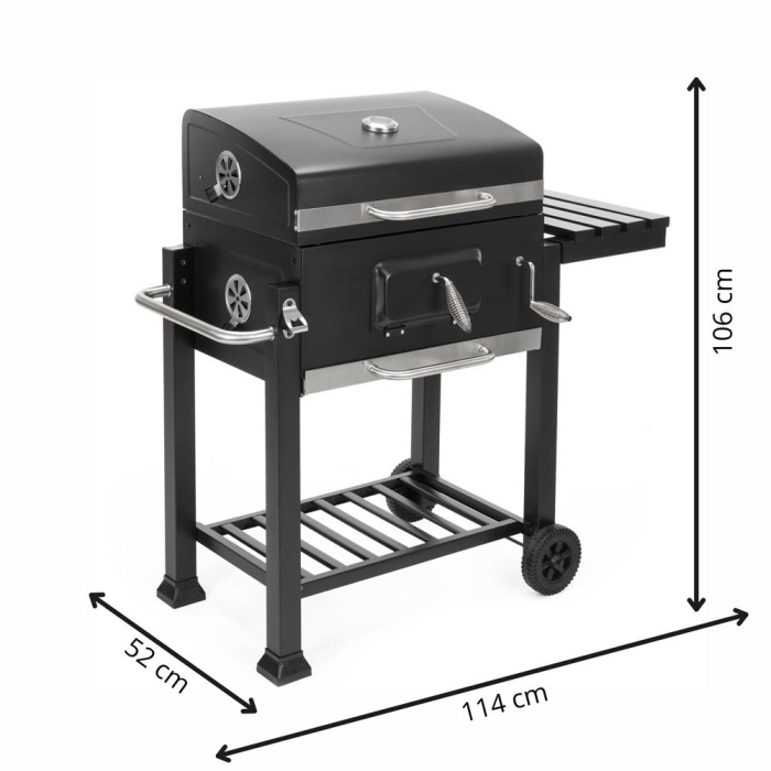 Gratar pe carbuni cu raft lateral pliabil, suport reglabil pentru carbuni, termometru, 114x52x106 cm, negru [33]